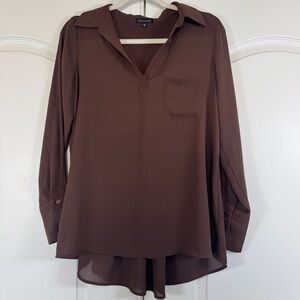 Pleione Brown Pleated Back High-Low Long Sleeve Tunic Blouse XS (Oversized Fit)